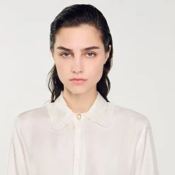 Sandro Paris Tops & Camisas<Camisa De Seda, Cuello Bordado Y Plisado