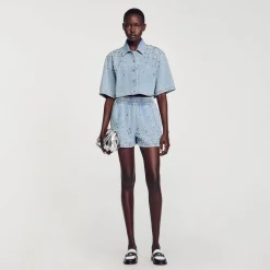 Sandro Paris Faldas & Shorts<Pantalon Vaquero Corto Y Ancho De Strass