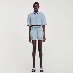 Sandro Paris Faldas & Shorts<Pantalon Vaquero Corto Y Ancho De Strass