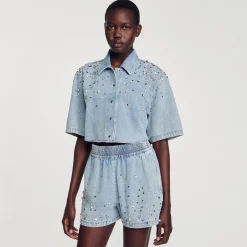 Sandro Paris Faldas & Shorts<Pantalon Vaquero Corto Y Ancho De Strass