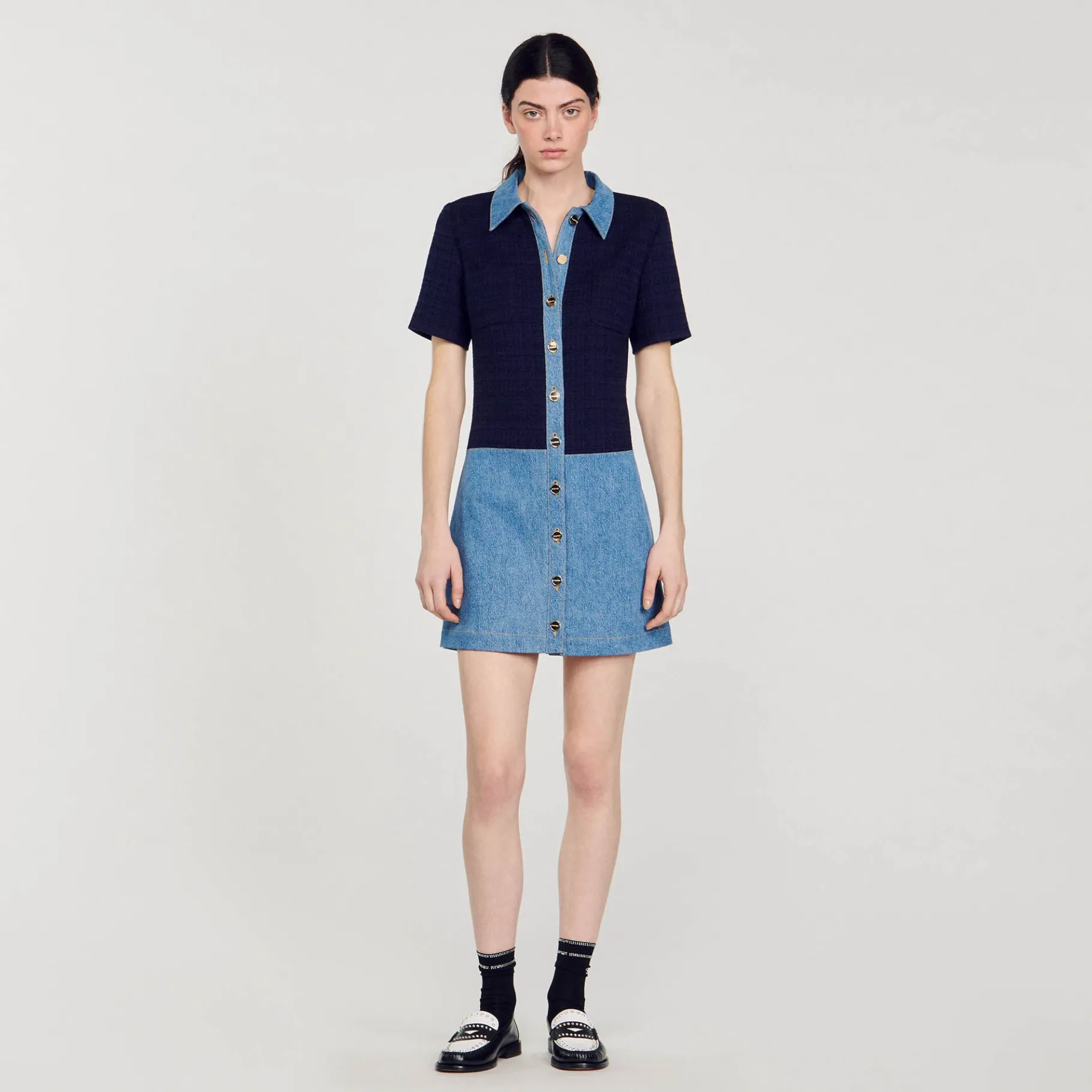 Sandro Paris Vestidos<Vestido Corto De Tejido Vaquero Y Tweed