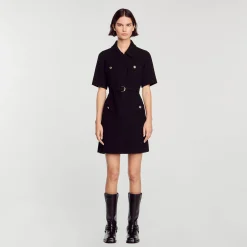 Sandro Paris Vestidos<Vestido De Manga Corta De Dos Materiales