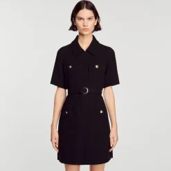 Sandro Paris Vestidos<Vestido De Manga Corta De Dos Materiales