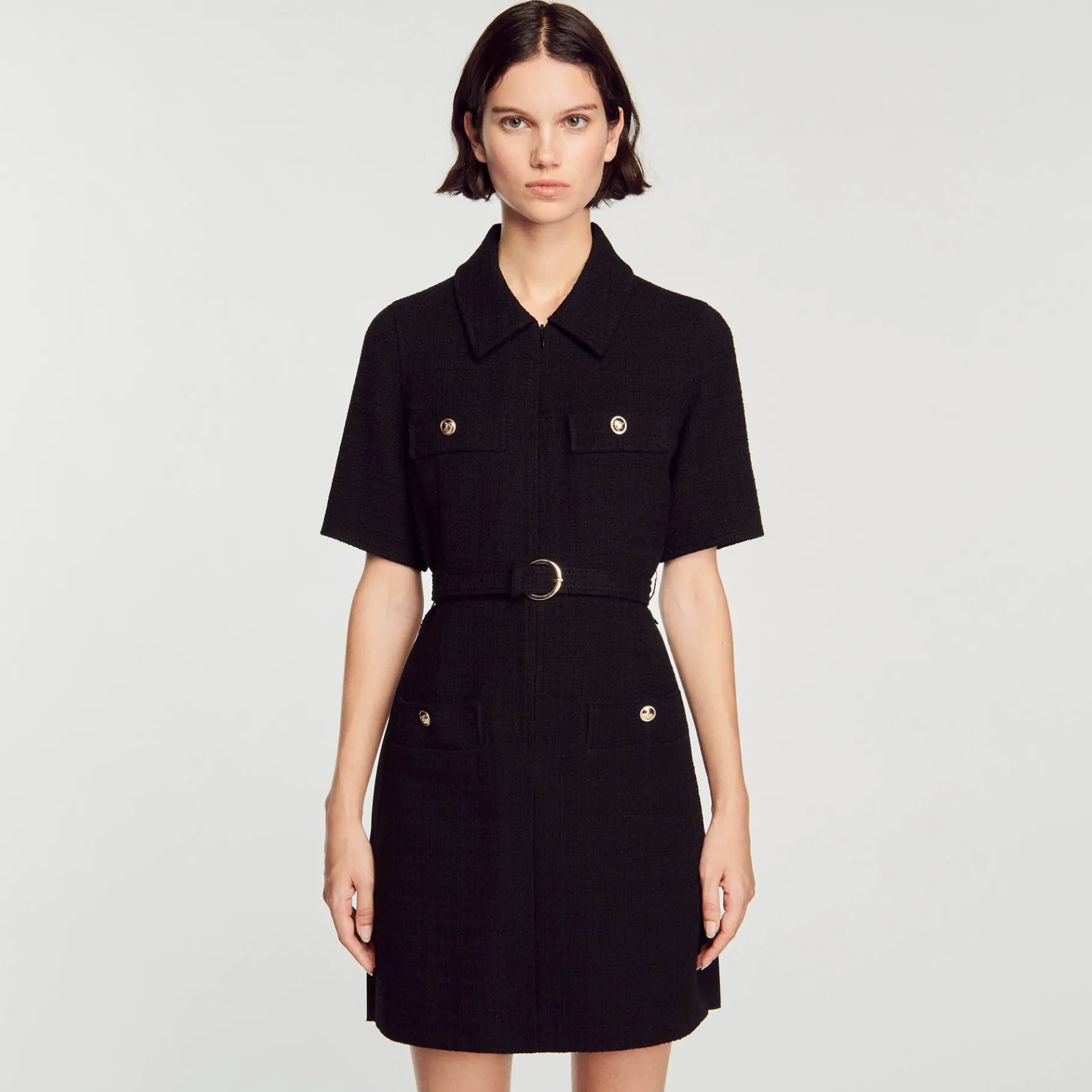 Sandro Paris Vestidos<Vestido De Manga Corta De Dos Materiales