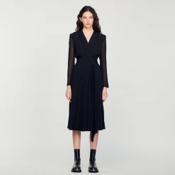 Sandro Paris Vestidos<Vestido De Manga Larga De Dos Materiales