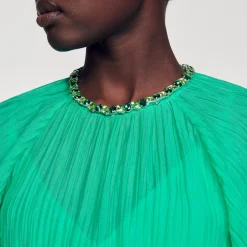 Sandro Paris Vestidos<Vestido Midi Con Cuello Con Brillantes